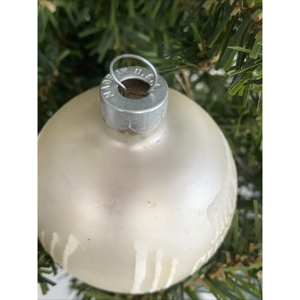 Vintage White Made USA MERRY CHRISTMAS Mica Stenciled Ball Ornament Holiday